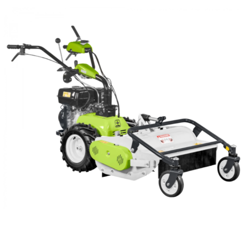 Decespugliatore a motore verde con ruote e impugnatura ergonomica, ideale per lavori di giardinaggio intensivi.