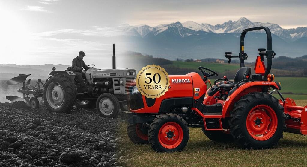 Confronto trattori di 50 anni fa e i moderni trattori compatti kubota forniti da Agribongioanni nella sede storica di Pianfei