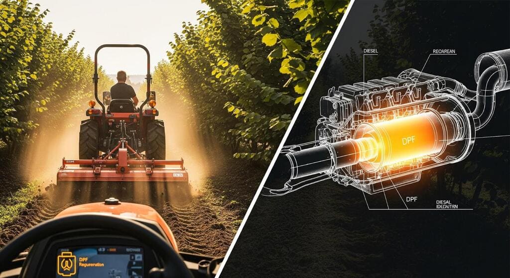 Dettaglio motore Kubota Stage V con filtro DPF per basse emissioni