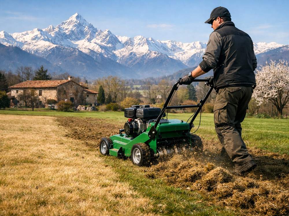 Operazione di aerazione prato per manutenzione giardini