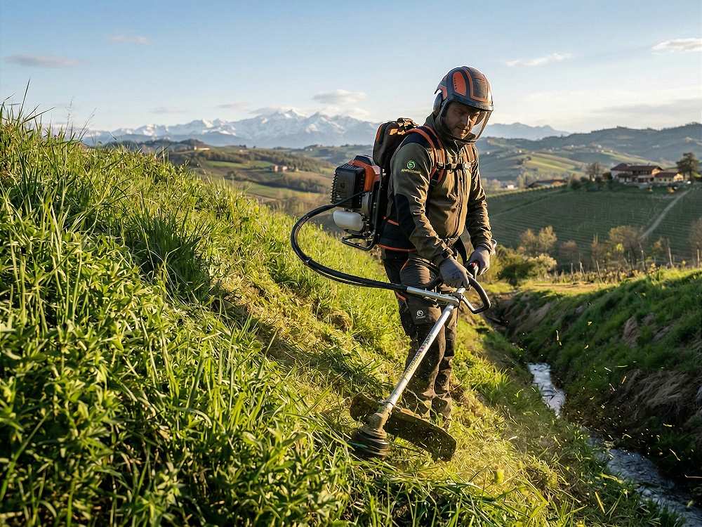 Decespugliatore professionale al lavoro in pendenza