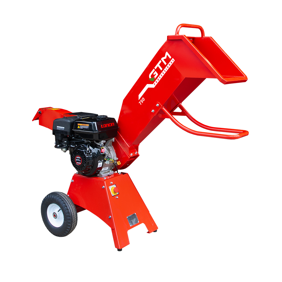Cippatrice rossa potente con motore Loncin su ruote per triturazione efficiente di rami e foglie in giardino.