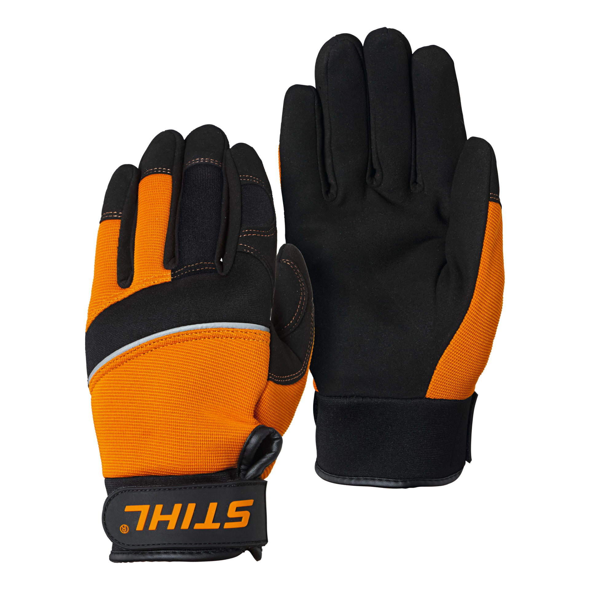 Guanti da lavoro arancioni e neri con polsino regolabile, ideali per protezione e comfort durante attività manuali.