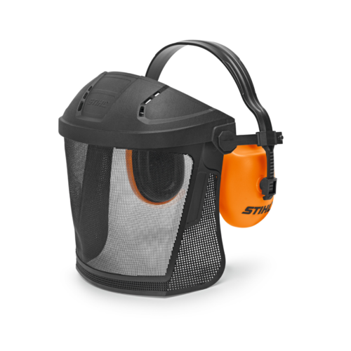 Casco protettivo con visiera a rete e cuffie antirumore arancioni, per sicurezza sul lavoro.