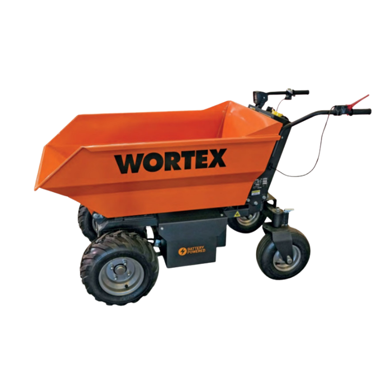 Carriola elettrica arancione da giardino Wortex, compatta con ruote, ideale per trasporto materiali pesanti.