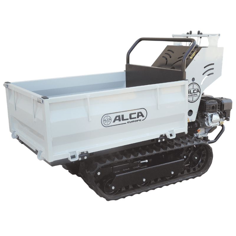 Mini dumper cingolato bianco Alca Europe, ideale per trasporti pesanti su terreni difficili.