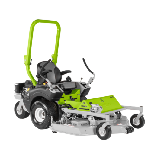 Rasaerba professionale zero turn verde e grigio, progettato per taglio erba efficiente su grandi superfici.