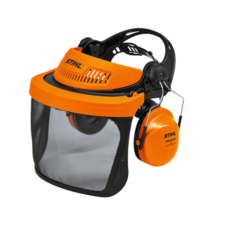 Casco protettivo arancione con visiera a rete e cuffie antirumore, marchiato STIHL, per uso in sicurezza sul lavoro.