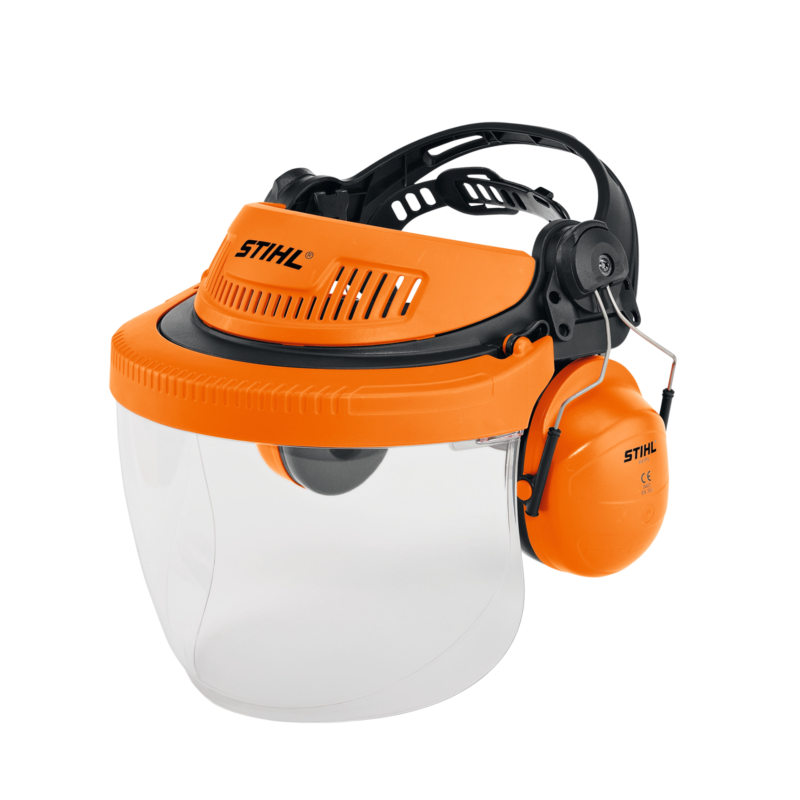 Casco protettivo arancione Stihl con visiera trasparente e protezione uditiva integrata per lavori di sicurezza.
