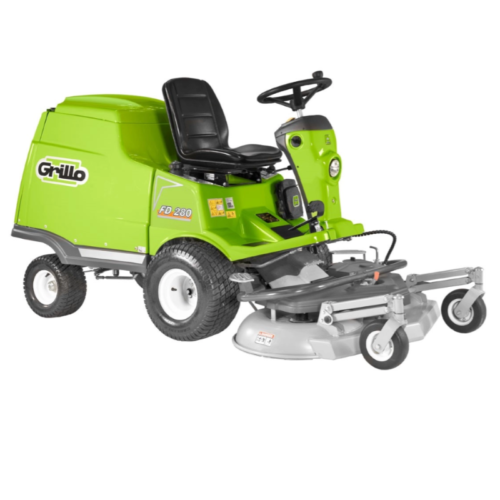 Trattorino rasaerba Grillo FD 280 verde con sedile nero, volante e piatto di taglio anteriore per cura del prato.